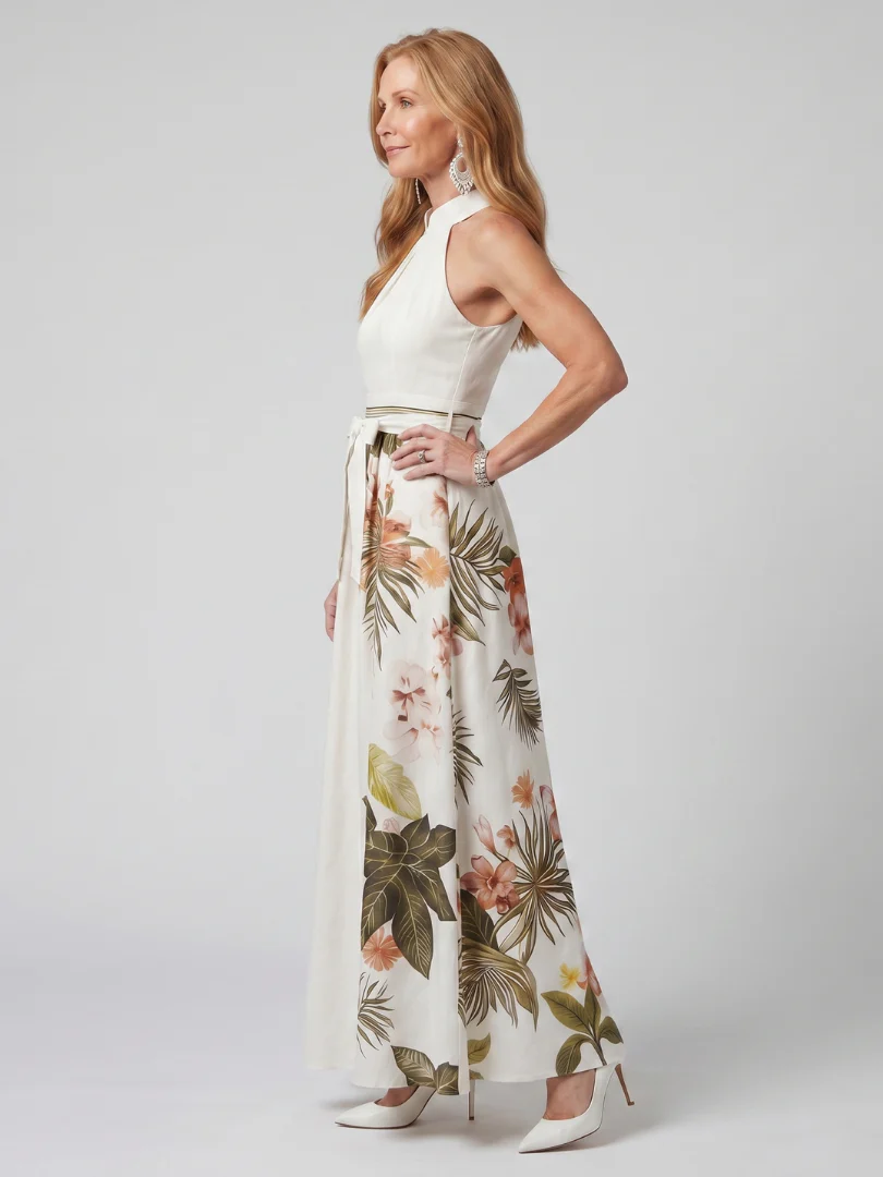 MEADOW™ - DRAPED HALTER BOTNICAL PANEL MAXI DRESS