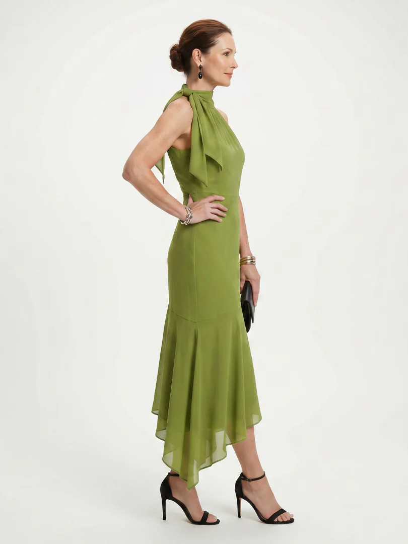 WINIFRED™ - DRAPED HALTER KEYHOLE MIDI DRESS