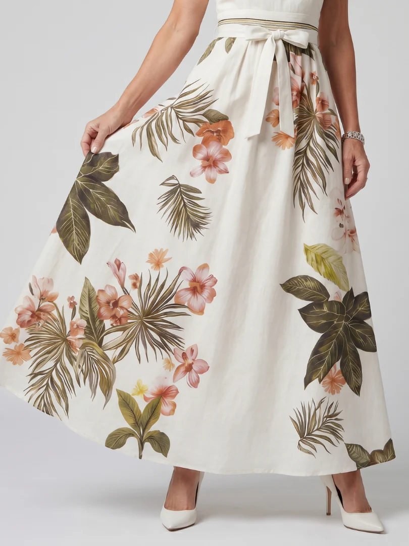 MEADOW™ - DRAPED HALTER BOTNICAL PANEL MAXI DRESS