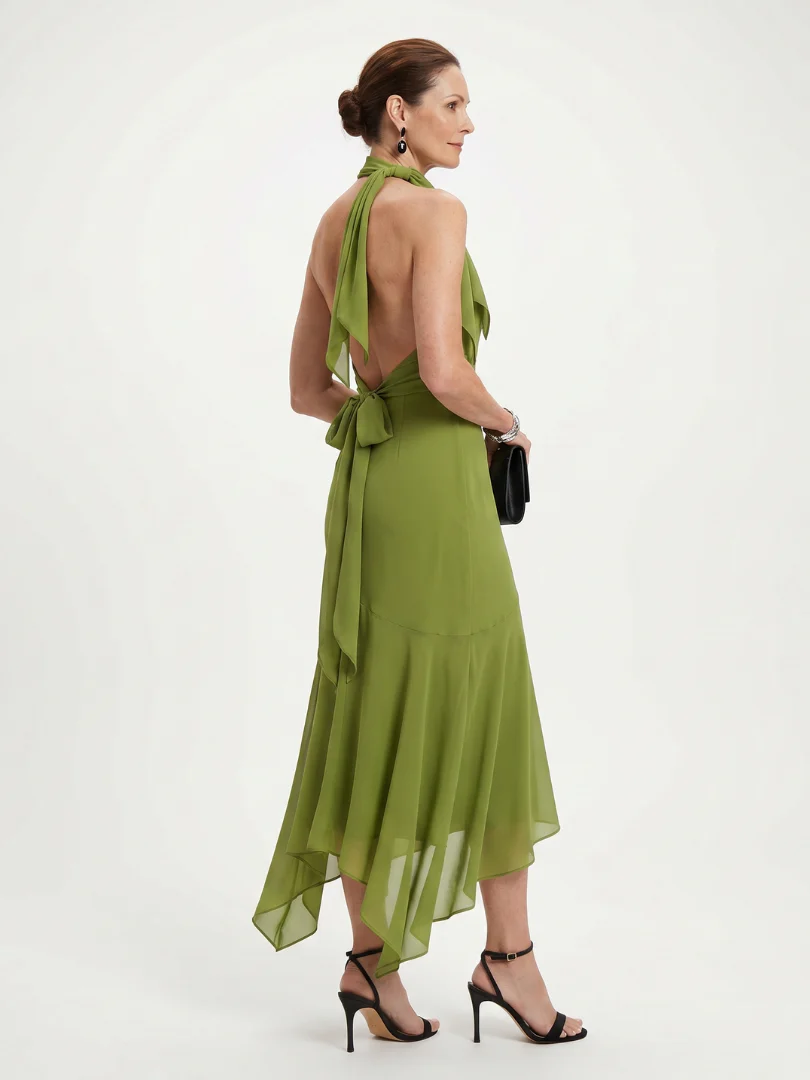 WINIFRED™ - DRAPED HALTER KEYHOLE MIDI DRESS