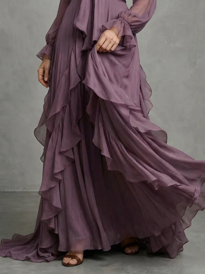 DEMETRIA™ - TIE NECK RUFFLE TIERED MAXI DRESS