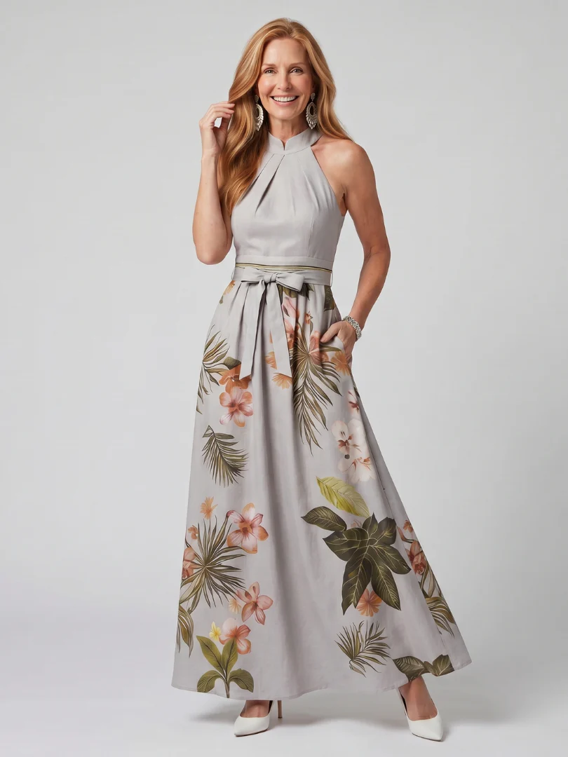 MEADOW™ - DRAPED HALTER BOTNICAL PANEL MAXI DRESS